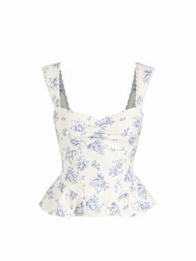 Cider White Floral Peplum Tank Top with Blue Bouquet Print